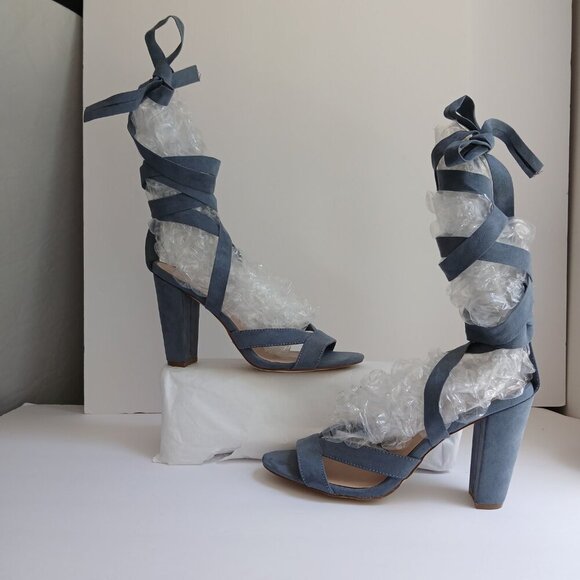 Shoe Dazzle  'Natty' Dusty Blue Suede OpenToe BlockHeel 34"Lace Over Ankle Sz8.5 - Picture 5 of 8